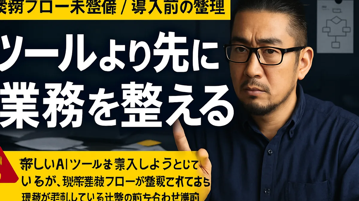 業務フロー図が書かれたホワイトボードの前で資料を見ながら困惑した表情で話し合う担当者たちの会議室での打ち合わせ