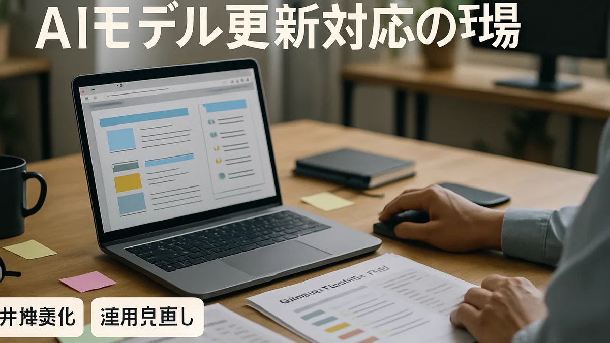 複数のAIモデル更新ページを確認しながら非推奨リストの紙資料を照合するIT担当者のデスク