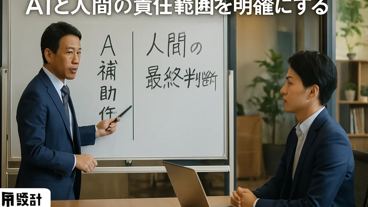 AIと人間の責任範囲の境界線をホワイトボードで指しながら担当者に説明するマネージャーの会議室場面