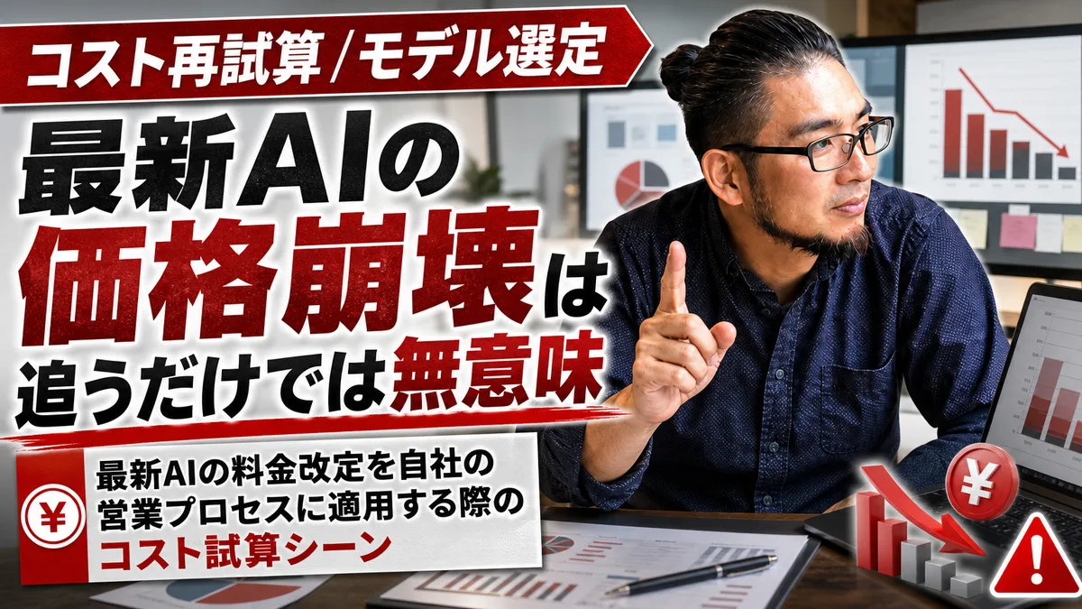 最新AIモデルの料金値下げと営業業務への適用プロセスを表現したビジネスインフォグラフィック