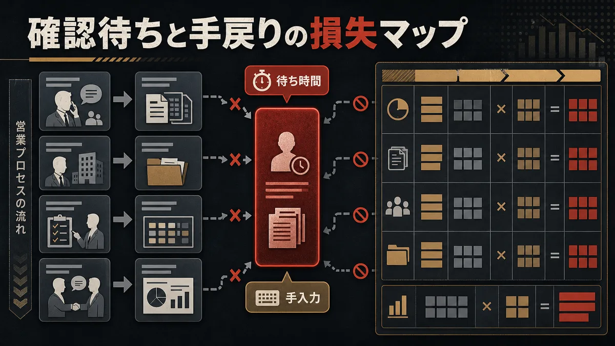 営業現場における商談準備や手作業による時間損失を示すプロセス図
