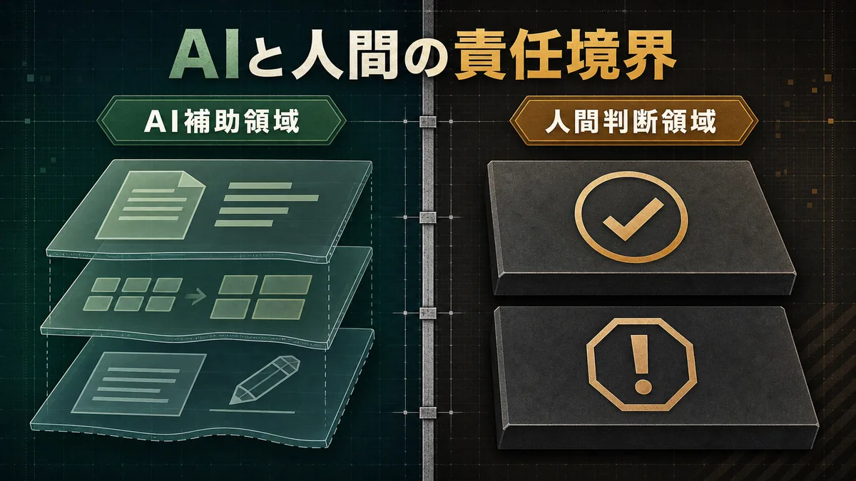 AIの補助作業領域と人間の最終判断領域を明確に切り分けた責任境界設計図