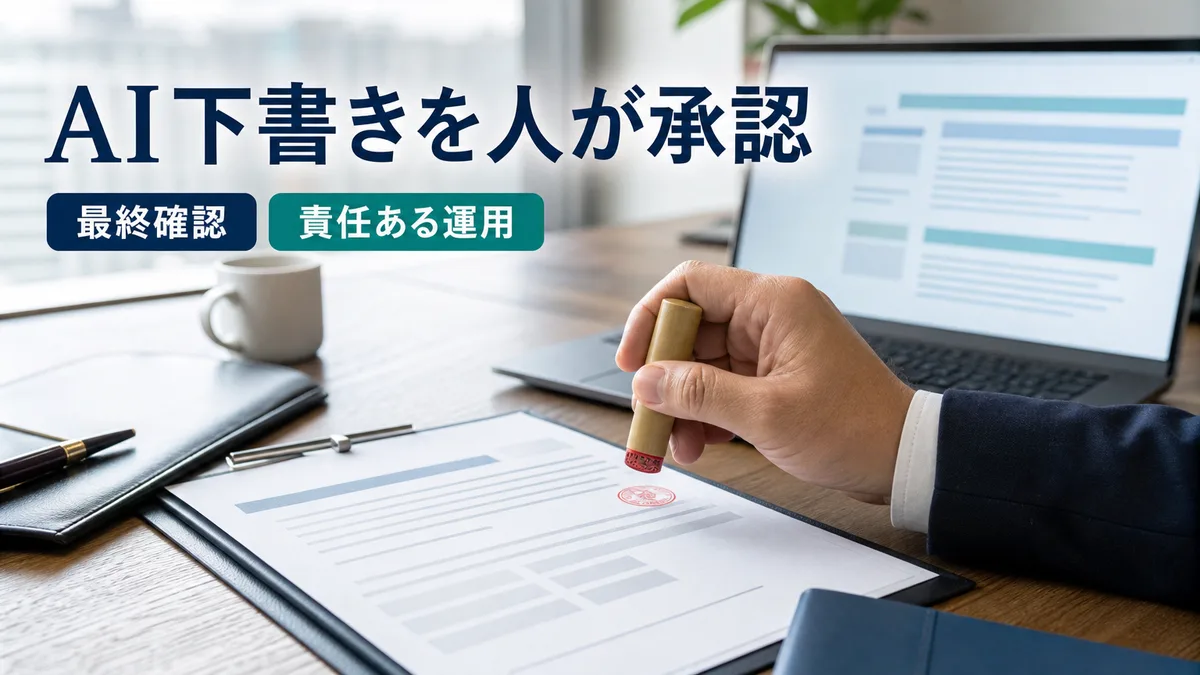 AIの作成した書類下書きを人間が最終確認して印鑑を押すオフィス業務