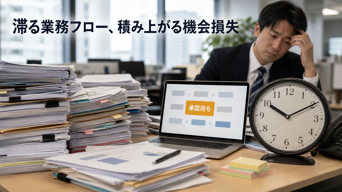 オフィスで未処理の書類を前に承認待ち時間を気にする営業担当者