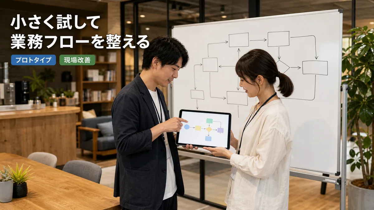 タブレットでシンプルなプロトタイプを確認しながら業務フローを話し合う社員たち