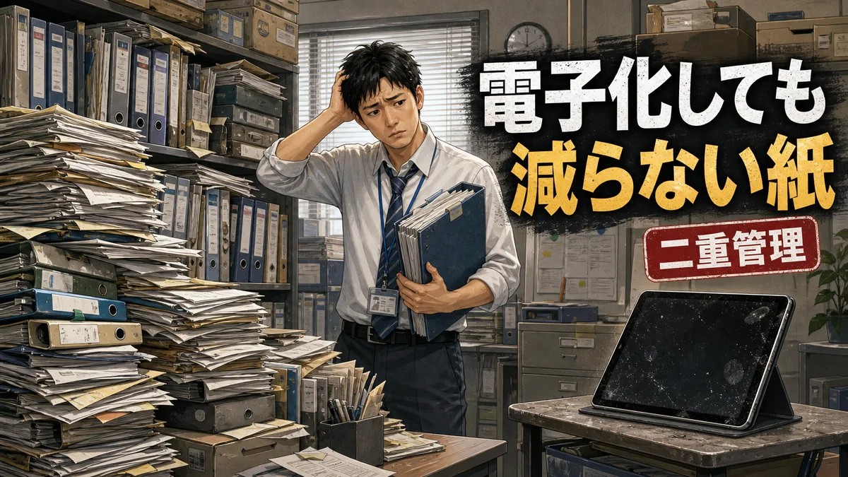 古い書類ファイルと使われていない電子端末が並ぶオフィス