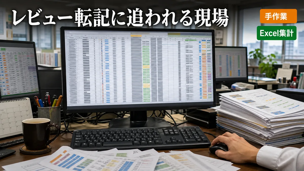 複雑なExcelシートと印刷された資料が並ぶデスクでデータ入力を行う様子