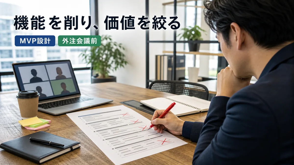 担当者が外注先との打ち合わせ前に要件リストへ赤ペンで削除マークをつけてプロトタイプ機能を絞り込む場面