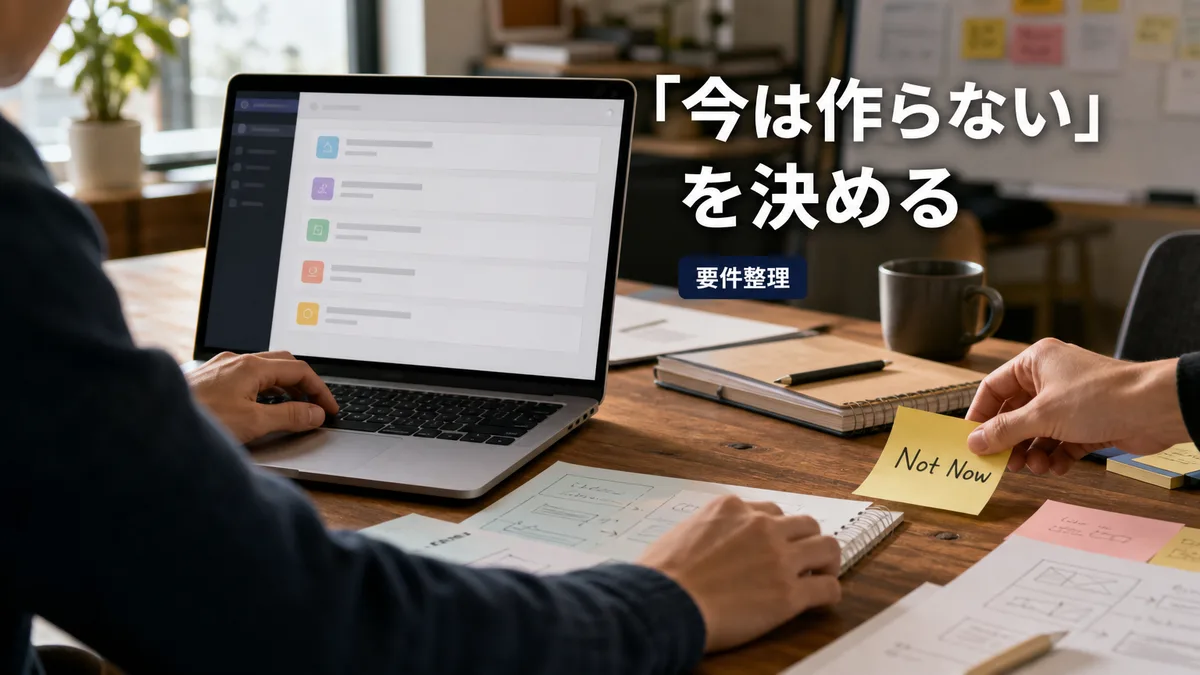 担当者がAIチャット画面の要件候補リストを見ながら除外機能を付箋に書き出してプロトタイプ範囲を絞り込む場面