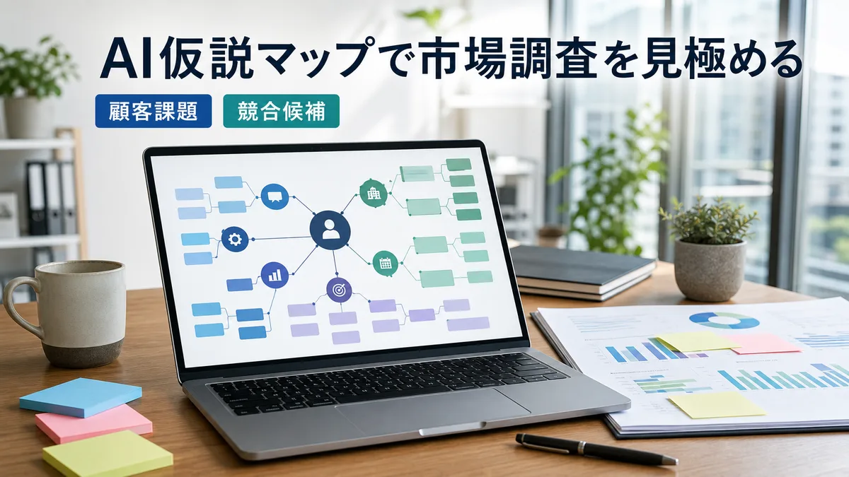 オフィスデスクでAIが整理した顧客課題と競合候補の仮説マップを画面で確認する担当者の手元。