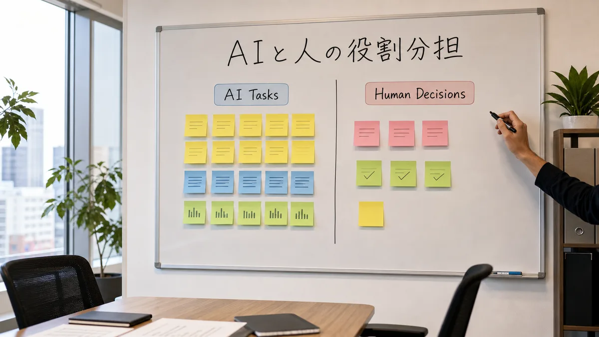 AIが担う整理作業と人間が判断する意思決定の境界をホワイトボードに書き出して整理しているオフィスの場面。