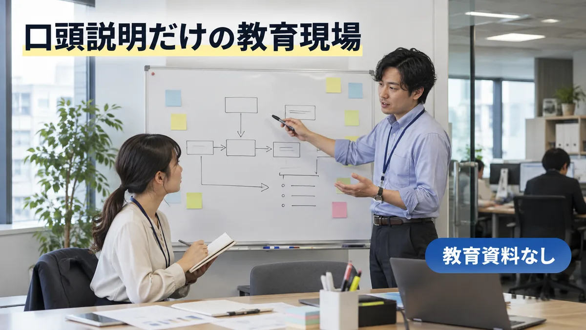 担当者がホワイトボードの手書きフローを使って新人に口頭で業務手順を説明している職場の場面
