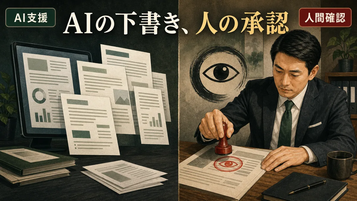 AIが作成した下書きマニュアルを人間が確認して承認するプロセス