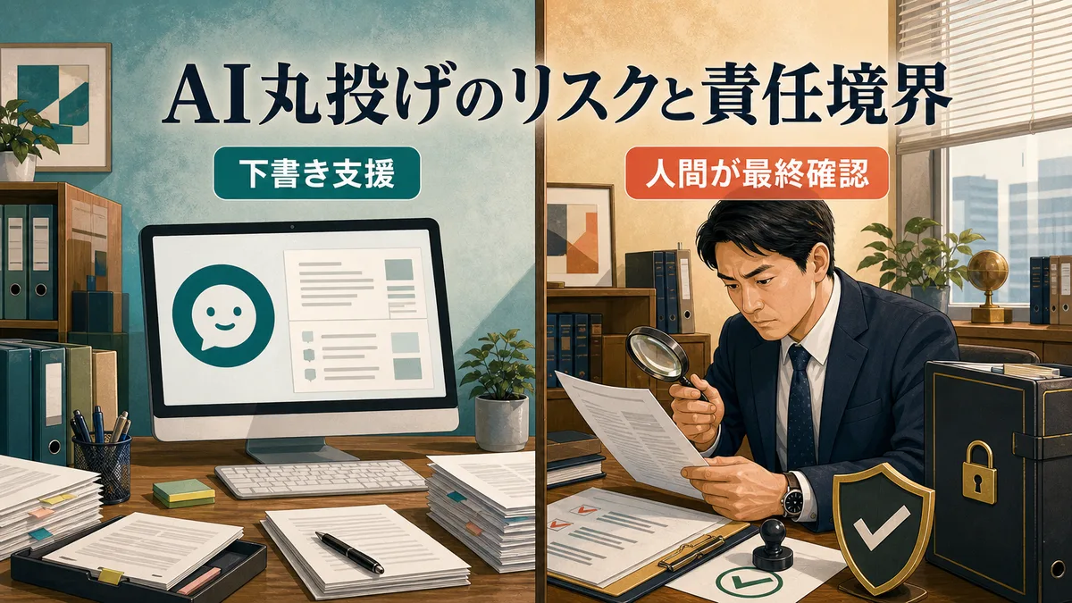 AIによるマニュアルの下書き作成 and 人間による最終確認の役割分担を示すイラスト。
