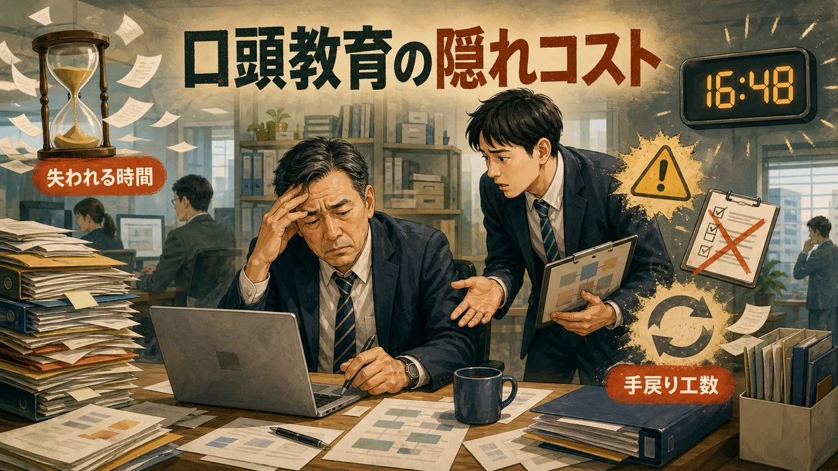 口頭での教育指導によって指導員の本来の業務時間が失われている様子を描いたイラスト。