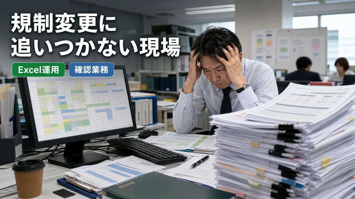 古いExcelと最新資料を前にして、確認作業の手間に頭を悩ませるオフィスの管理者