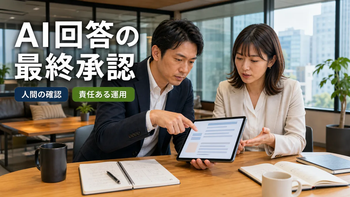 AIが作成した下書きをタブレットで確認し、最終承認の判断を下すオフィスの責任者