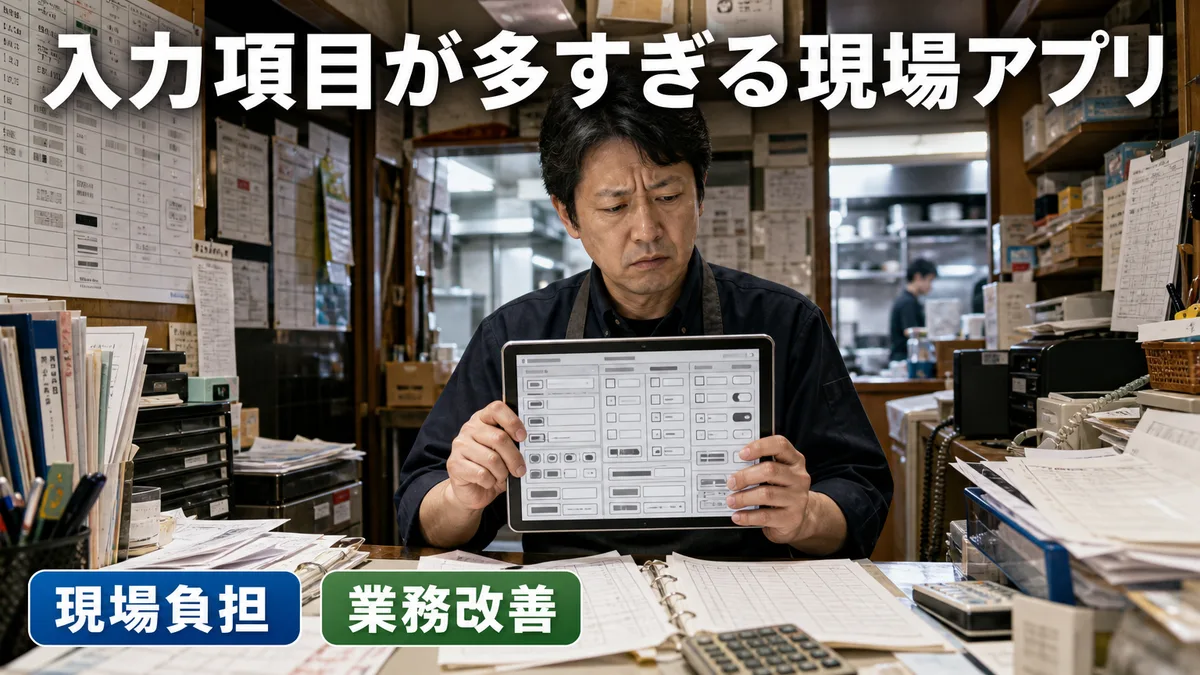 複雑すぎるアプリの画面を前に困惑する店舗責任者と煩雑なバックオフィスのデスク