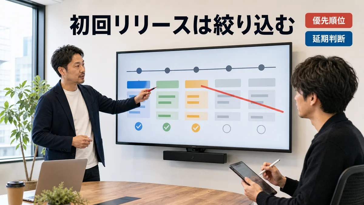 ロードマップ of 画面を見ながらリリース対象から外す機能を赤線で消していく創業メンバー