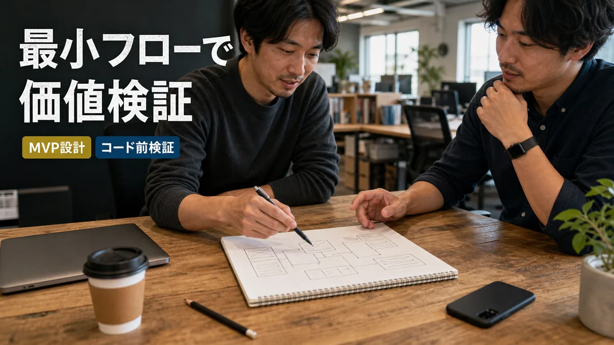 ノートに描かれたシンプルな画面遷移図を指さしながら検証手順を確認する開発者と創業者