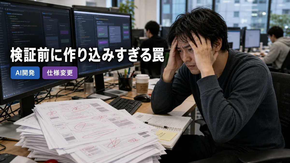 開発画面を前に相次ぐ仕様変更と手戻り工数に頭を抱えるエンジニアの様子