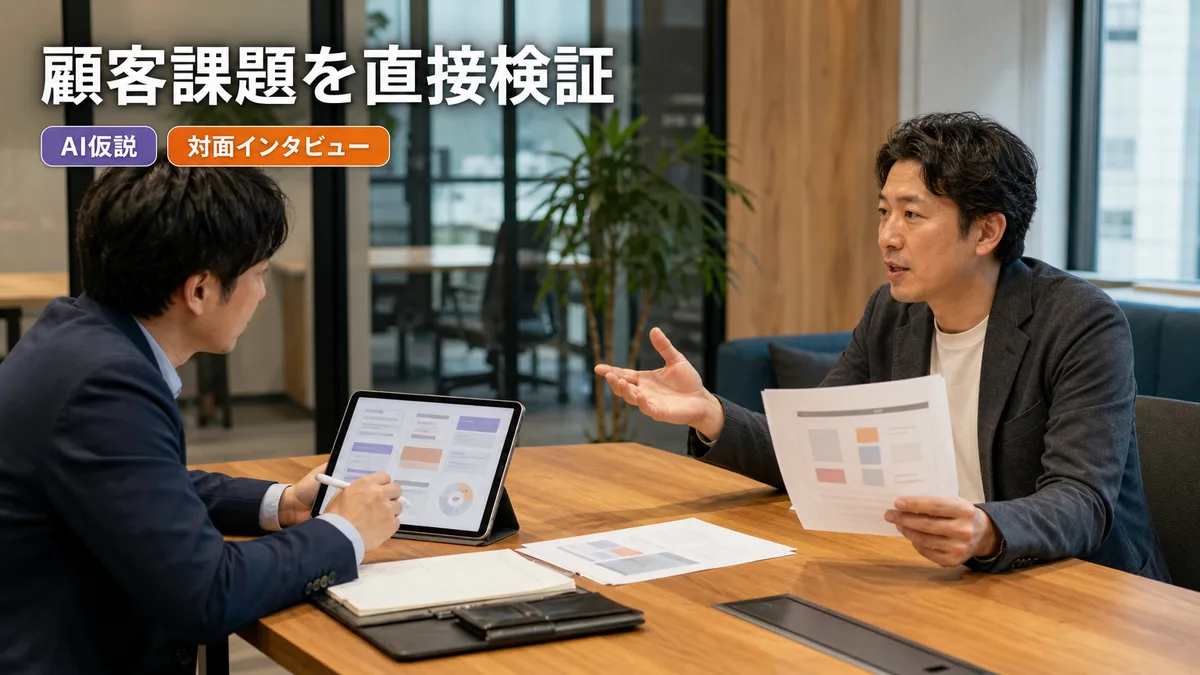 AIが整理した顧客課題の仮説をもとに見込み客へ直接インタビューを行う担当者