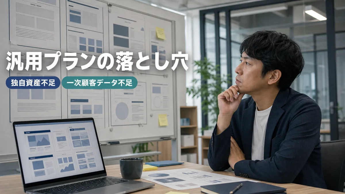 ホワイトボードの一般的なテンプレートを見つめ企画の差別化に悩む担当者