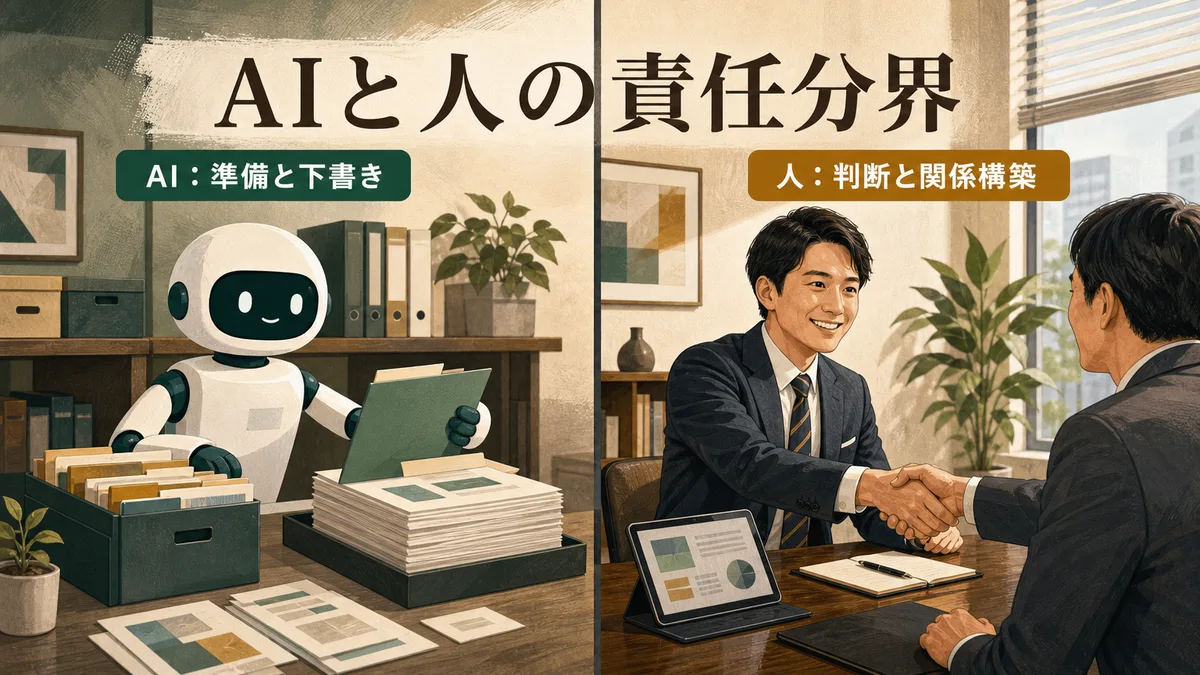 AIの情報整理と人間の最終判断の役割分担を示すイメージ