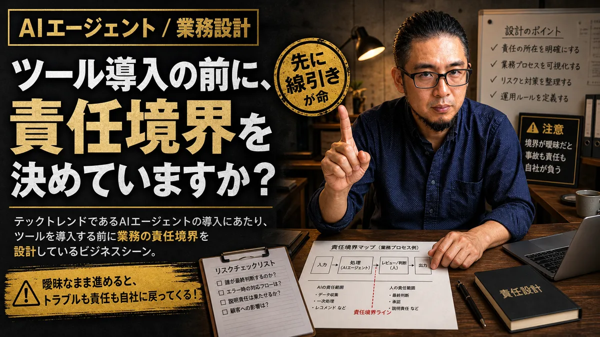 パソコンの画面上でAIエージェントと人間の責任境界を色分けして整理している営業オフィスの様子