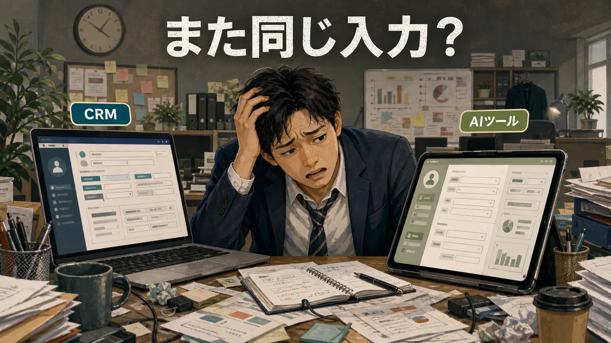 複数のツールへの二重入力に追われ、デスクで頭を抱える営業担当者の様子
