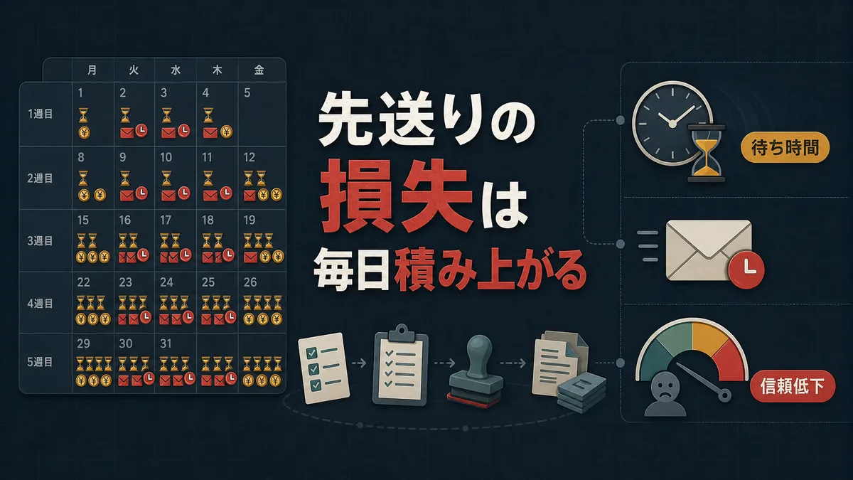 静観期間中に確認待ちや返信遅延などの損失が積み上がる様子を示した図解