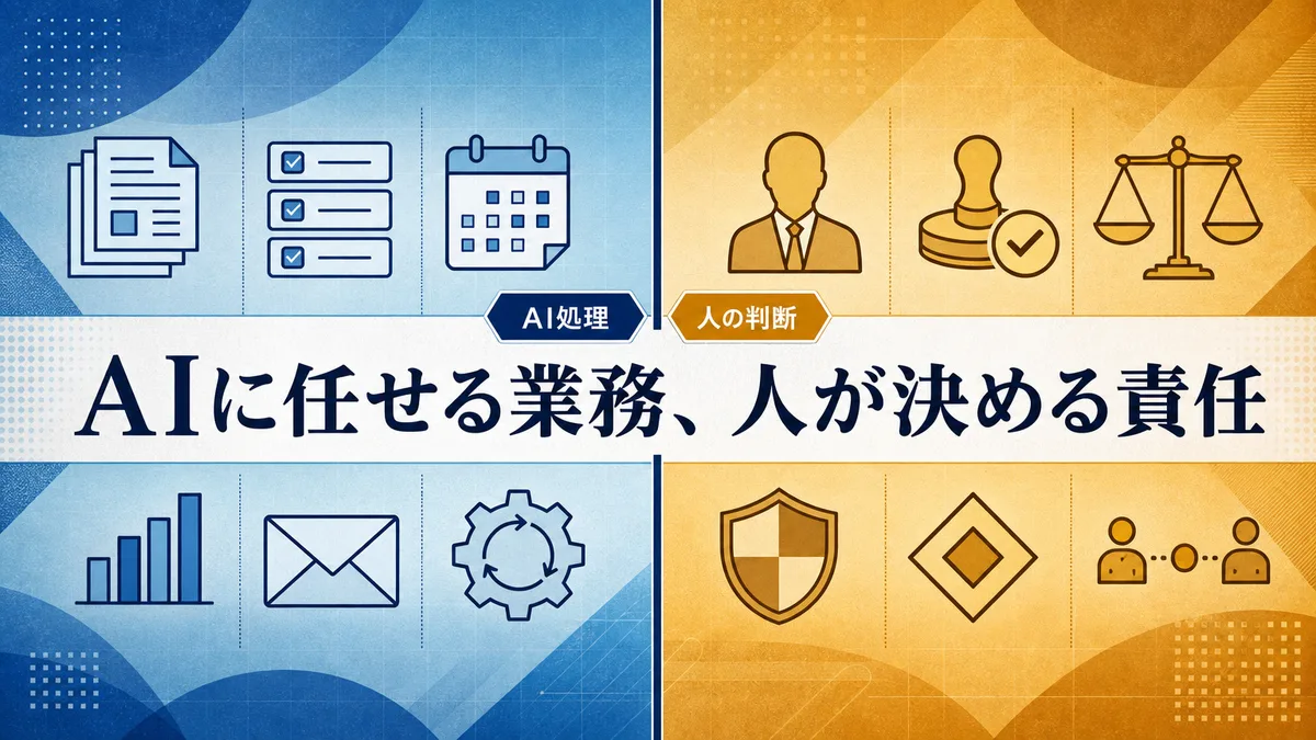AIが担う補助作業と人間が担う最終判断の責任境界を示した図解