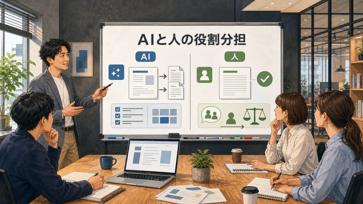 ホワイトボードを使ってAIと人間の業務分担を議論するプロジェクトチーム
