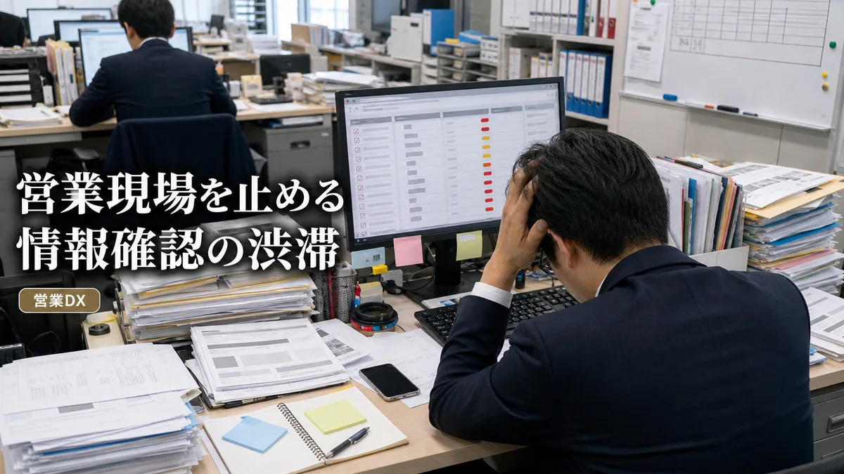 営業オフィスで資料を前にして商談準備に頭を悩ませる担当者
