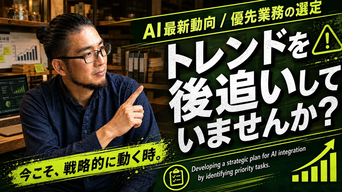 ホワイトボードの業務フロー図を指し示しながらAI導入の優先順位を議論するビジネスシーン