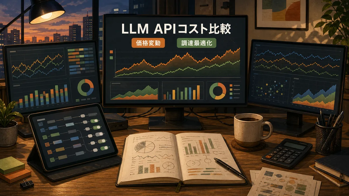 主要LLMプロバイダーのAPI料金推移グラフをモニターで比較分析するデスク環境