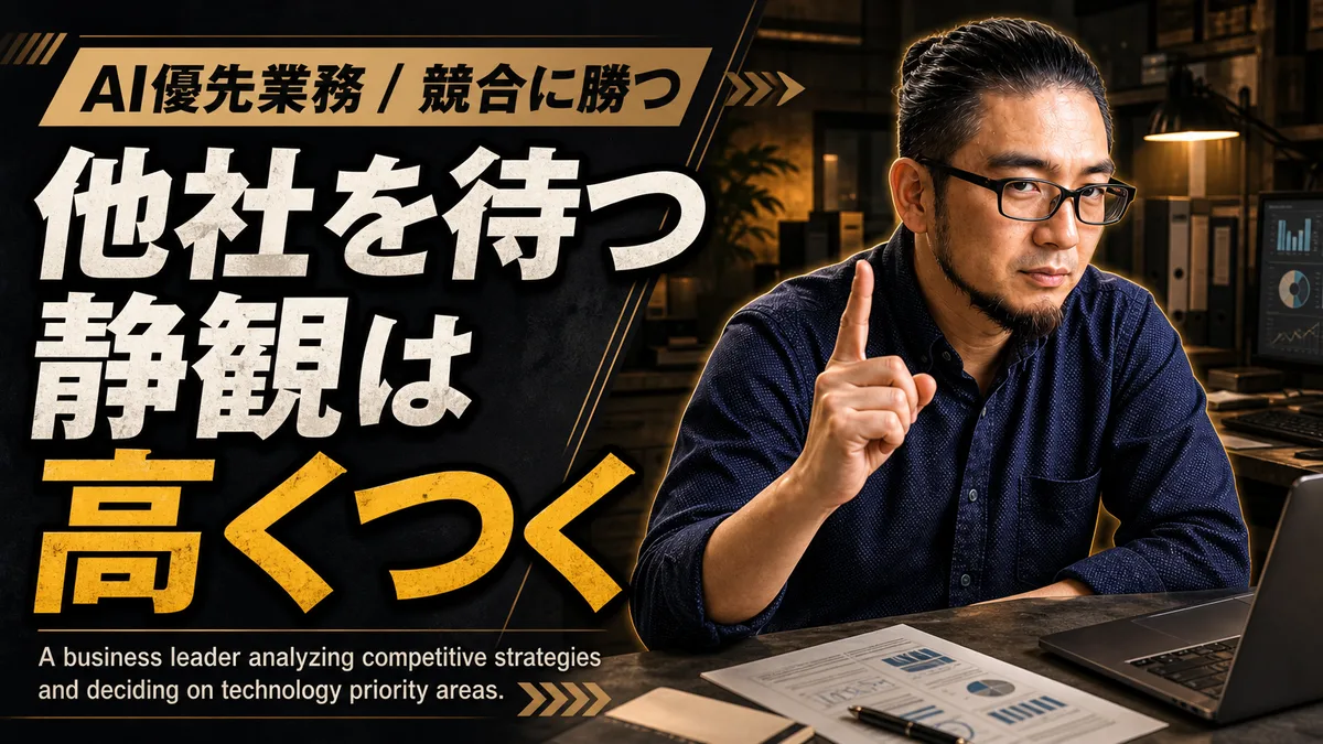 会議室でノートPCの画面を見ながらAI導入の優先業務を検討する経営者の様子