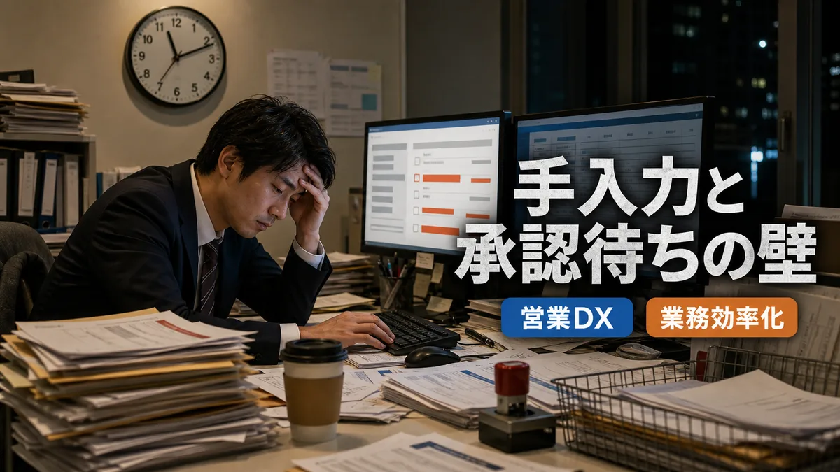 手作業の確認待ちや入力作業に追われる営業担当者のオフィスでの様子