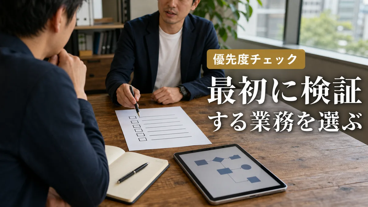 チェックリストを使いAIを導入すべき優先業務を話し合う担当者たち