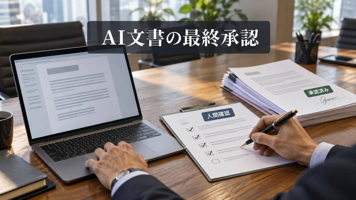 会議室でAIの下書きを確認し承認書類に署名するビジネスマネージャーの業務シーン