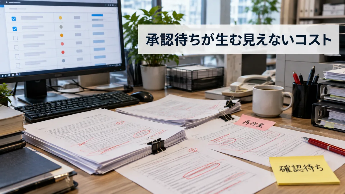 承認待ちタスクが積み上がるバックオフィスの業務デスクと赤字修正された紙資料の状況