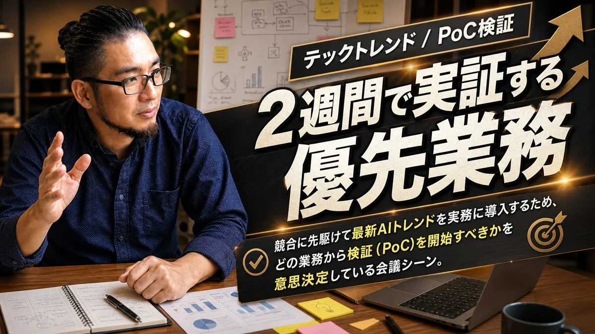 営業オフィスの会議室でホワイトボードを使いながら2週間のAI検証計画を議論する営業責任者と担当者