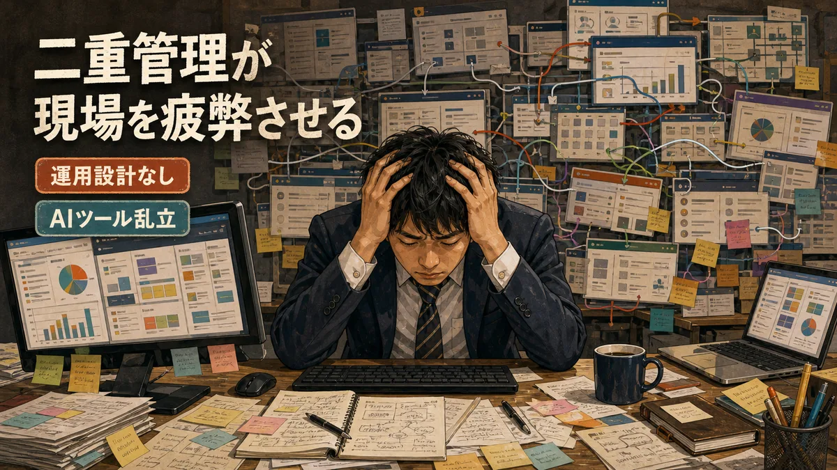 複数の営業ツールと手書きメモの二重管理に悩む現場担当者の様子