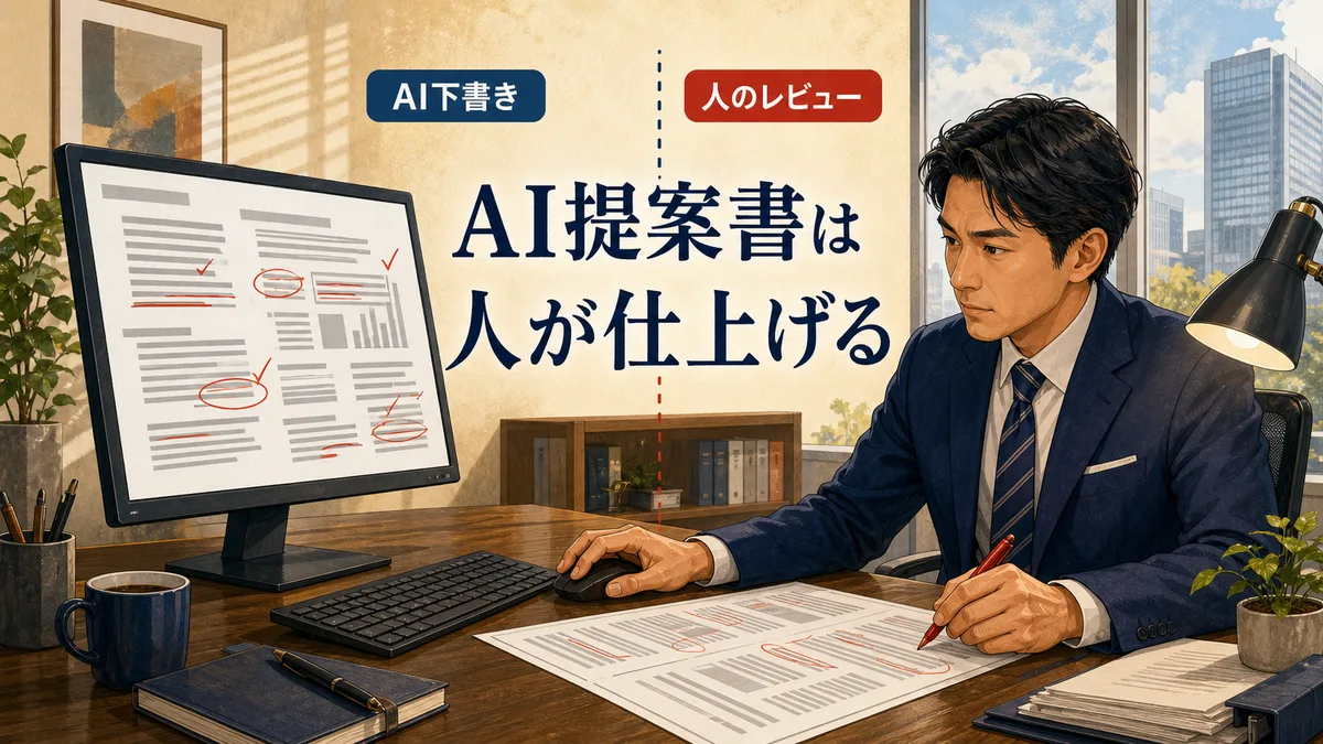 AIが作成した提案書の下書きを営業担当者がレビューしている様子