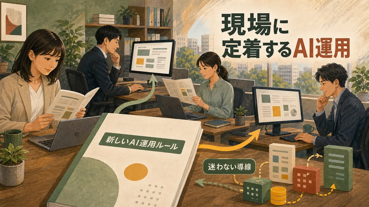 整備された運用ルールマニュアルを見ながらAIツールを操作する現場