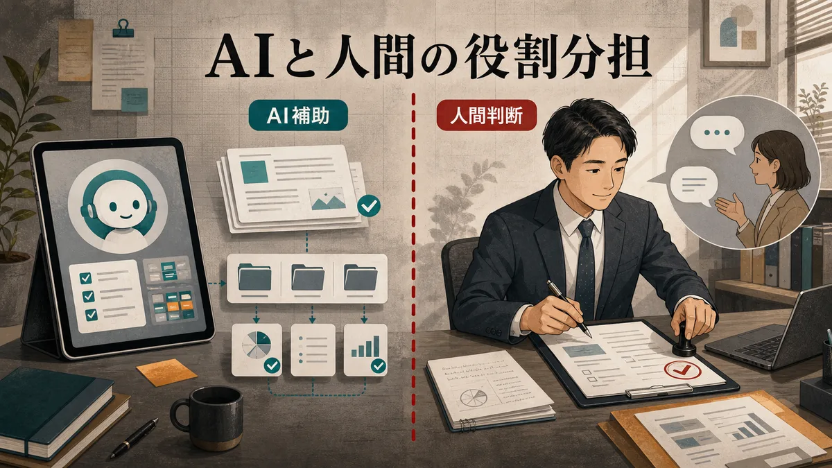 AIの補助業務と人間の責任ある判断の境界線を示す業務設計 of イラスト