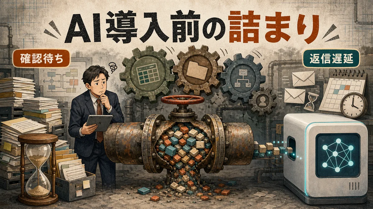 既存システムとAIの連携不足による業務のボトルネックを示すイラスト