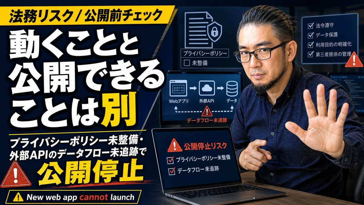 会議室で開発したサービスのデータ送信経路と利用規約の整合性を確認する経営者と専門家