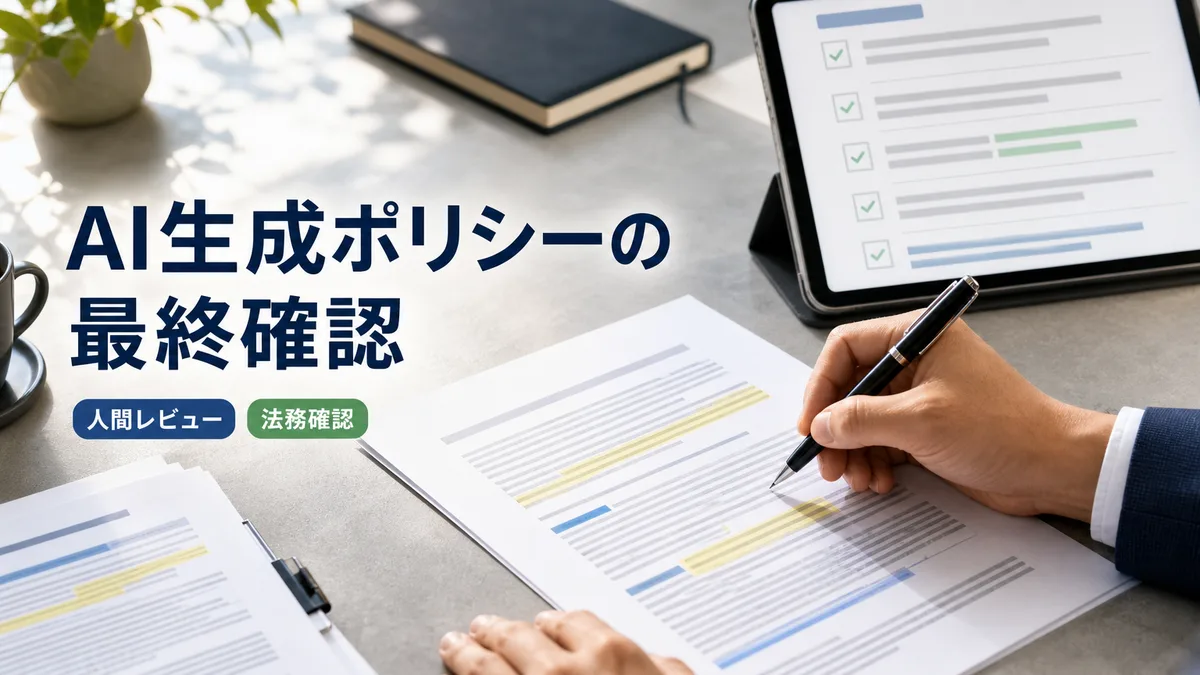 AIが生成した利用規約のドラフトを人間の手で最終確認している実務シーン