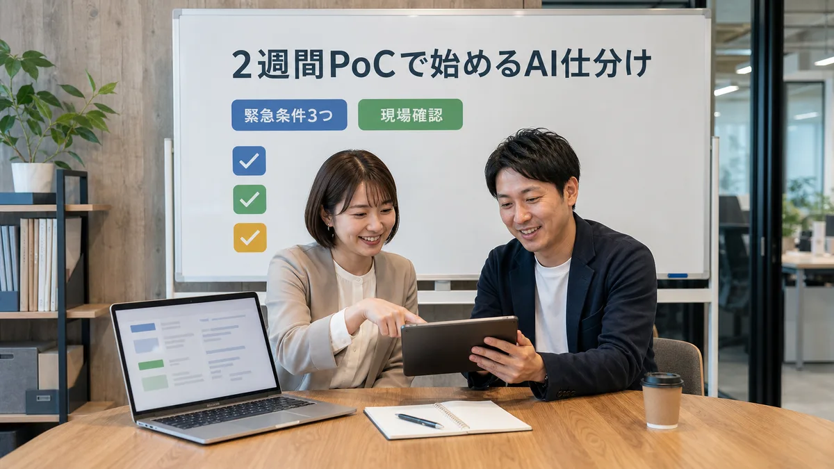オフィスのホワイトボード前でタブレットを囲みながら業務フローを確認する2人の社員